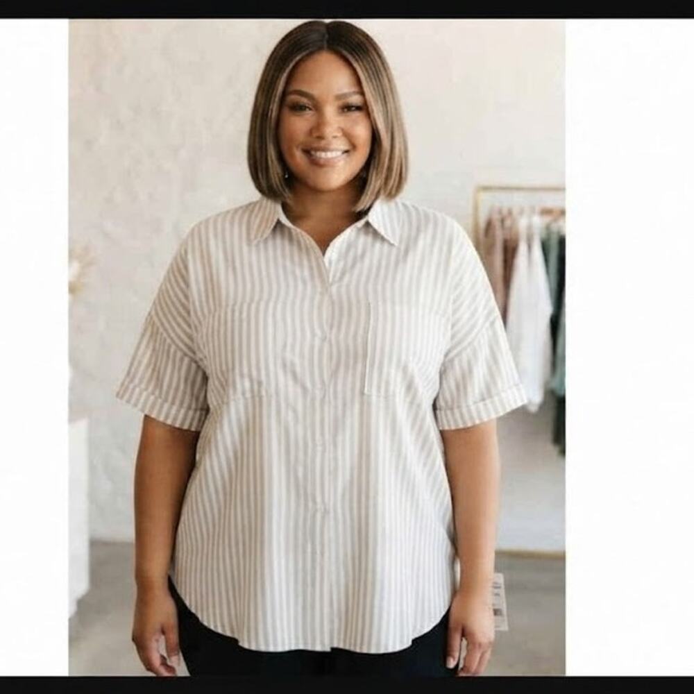 Dizzy Lizzie Beige White Striped Relaxed Button Down Shirt Women's 2X NWT